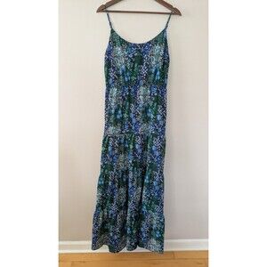 Michael Kors Maxi Dress Tiered Floral Boho Cottage Paisley Blue Green Medium
